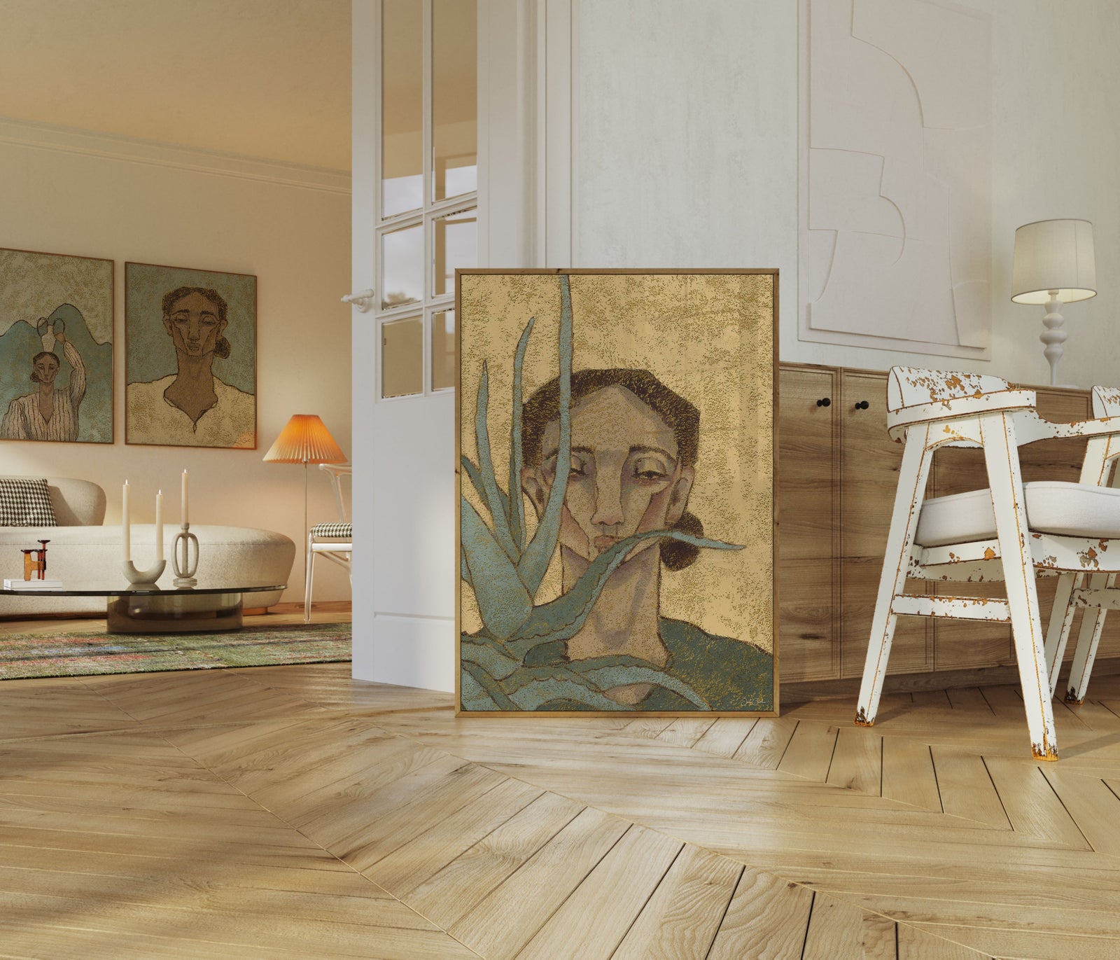 three huge art prints of women portraits in a livingroom