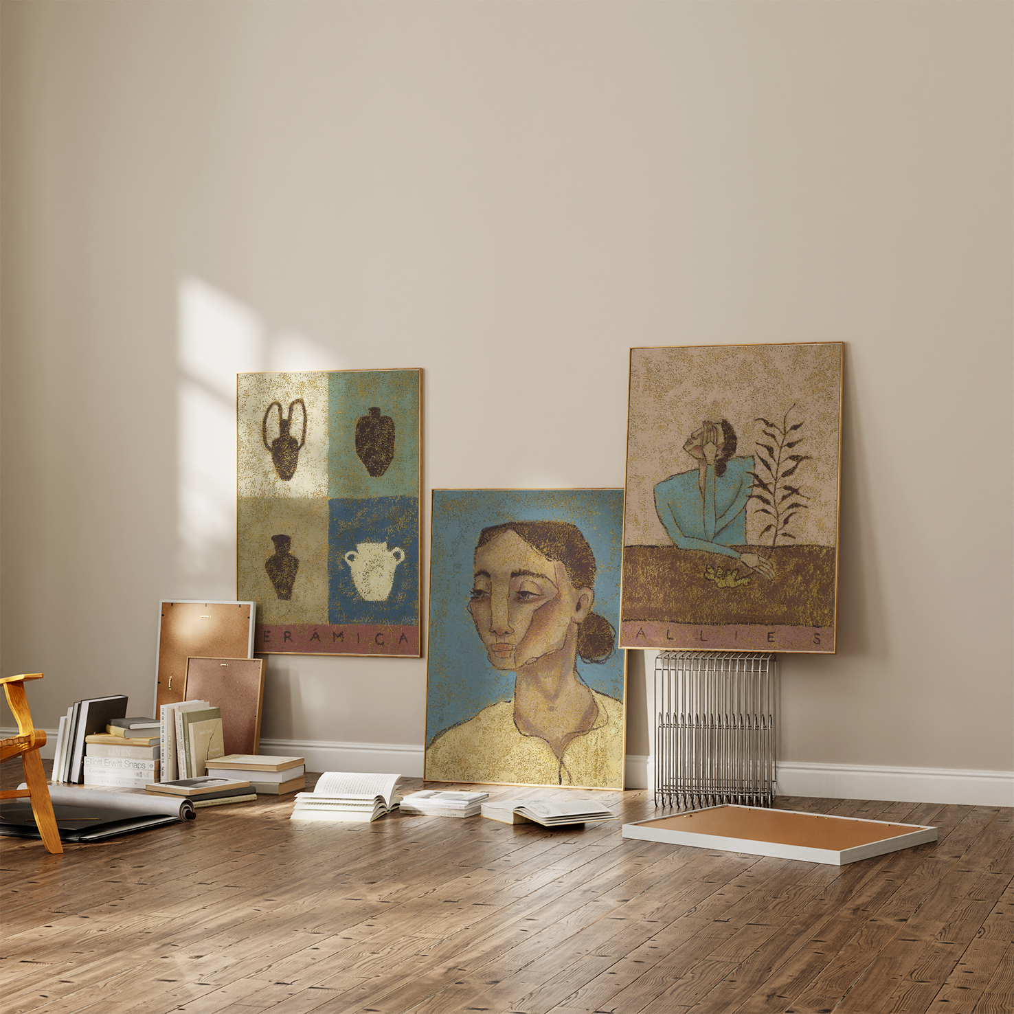 three large wall art prints in textured finish with earthy and grounding imagery 