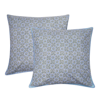 Maheshwar Cushion Cover block printed geometric in blues and greens