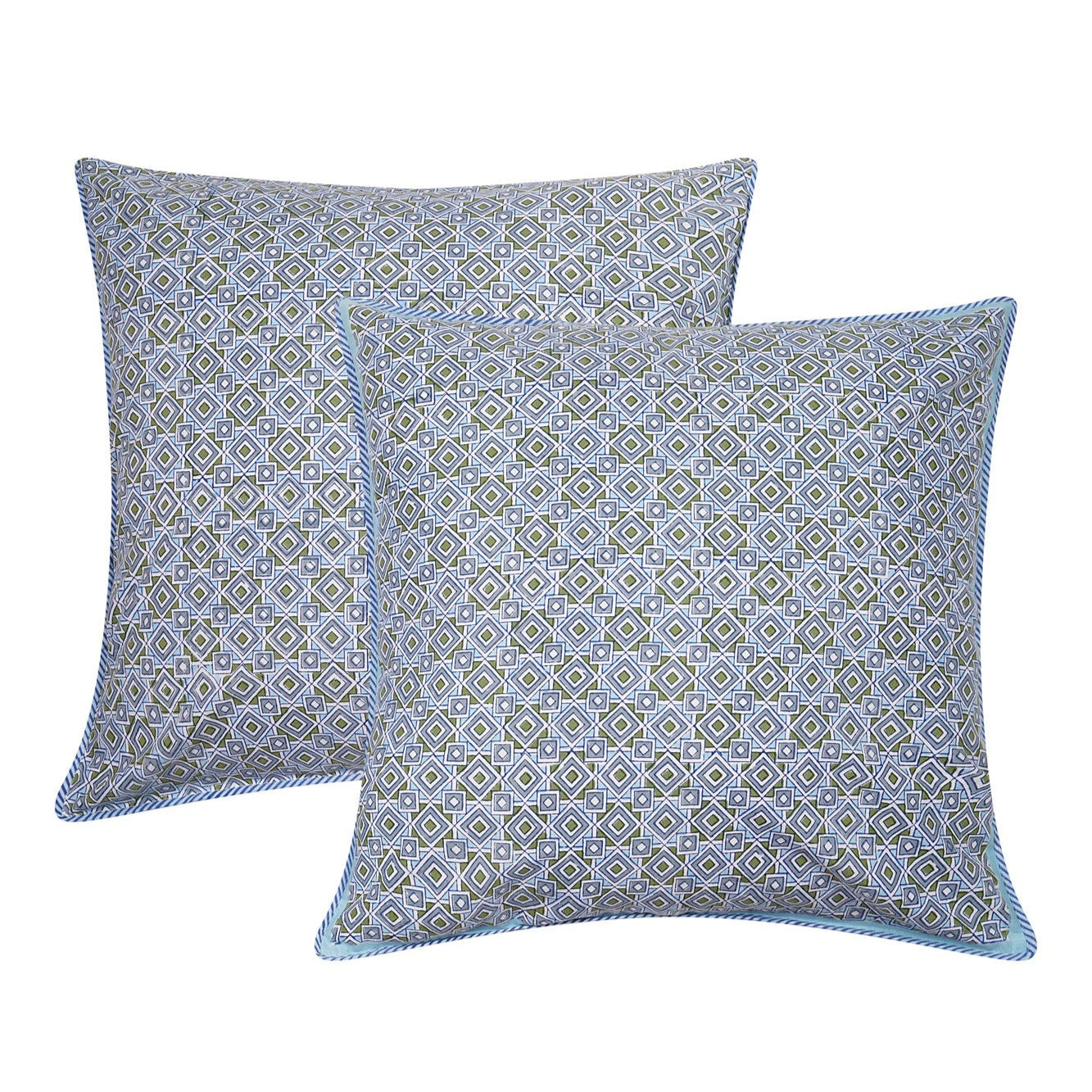 Maheshwar Cushion Cover block printed geometric in blues and greens