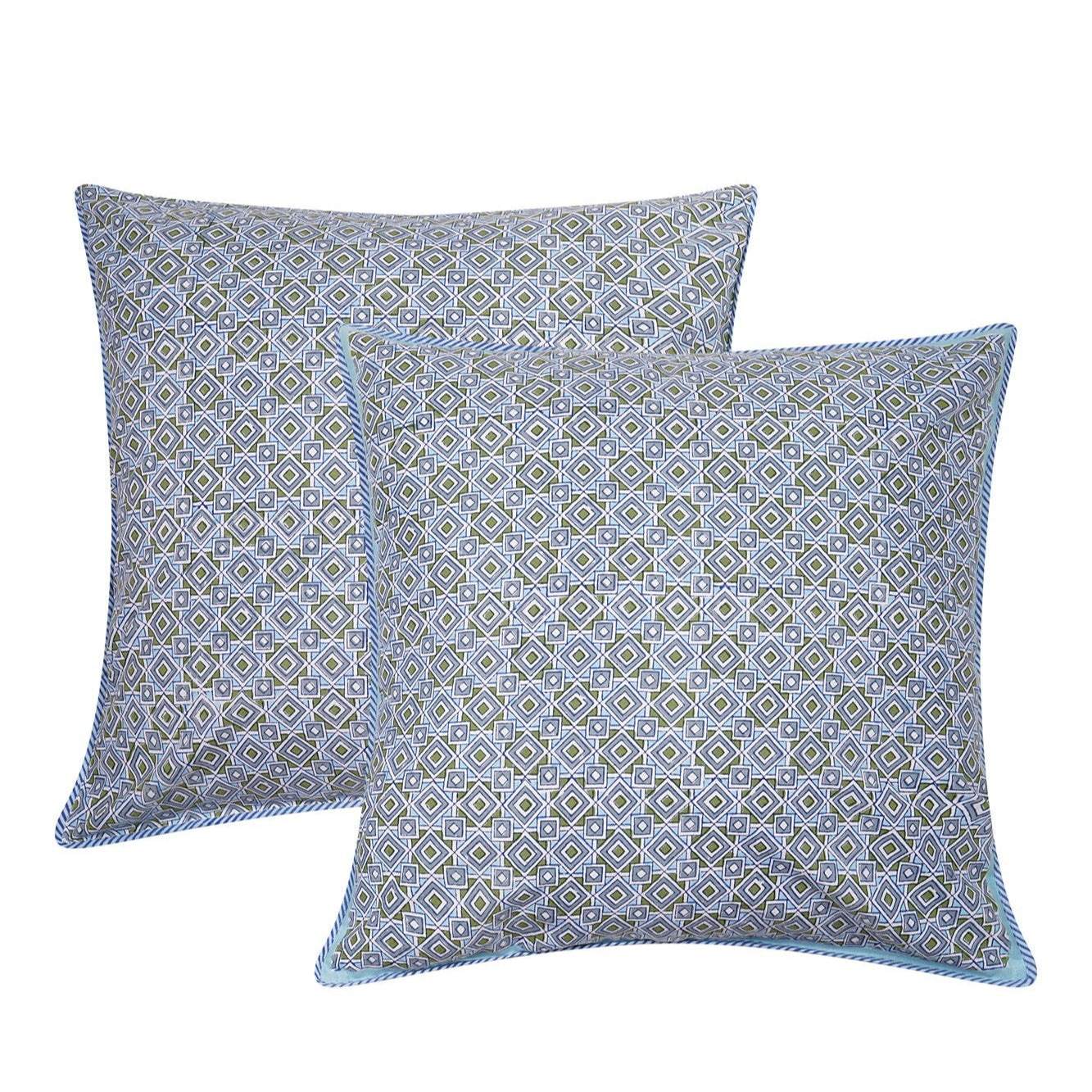 Maheshwar Cushion Cover block printed in geometric blues and greens