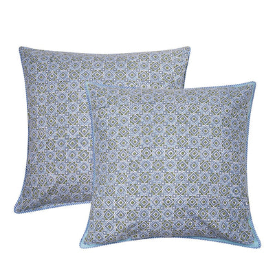 Maheshwar Cushion Cover block printed in geometric blues and greens