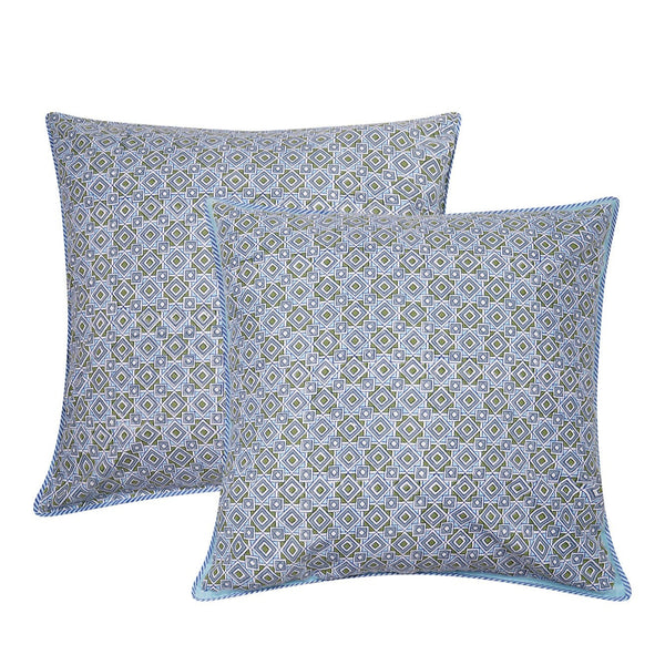 Maheshwar Cushion Cover block printed in geometric blues and greens