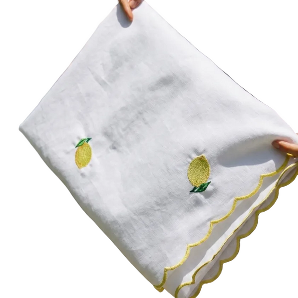 Tablecloth Embroidered with Lemons, White