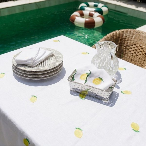 Tablecloth Embroidered with Lemons, White