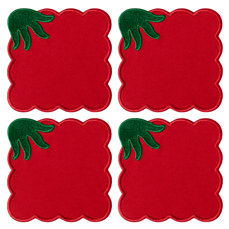 Set of 4 Tomato Coasters by Octaevo—red, scalloped, with green leaf accents, arranged in a grid.