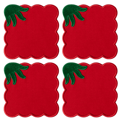 Set of 4 Tomato Coasters by Octaevo—red, scalloped, with green leaf accents, arranged in a grid.
