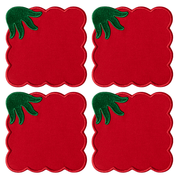 Set of 4 Tomato Coasters by Octaevo—red, scalloped, with green leaf accents, arranged in a grid.