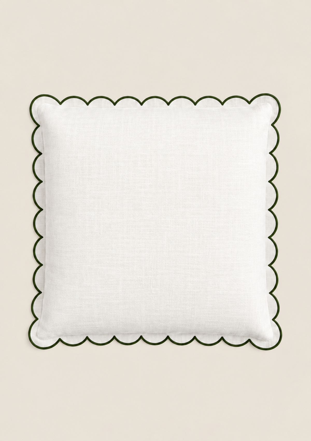 Scalloped Square Linen Cushion in White & Forest Green
