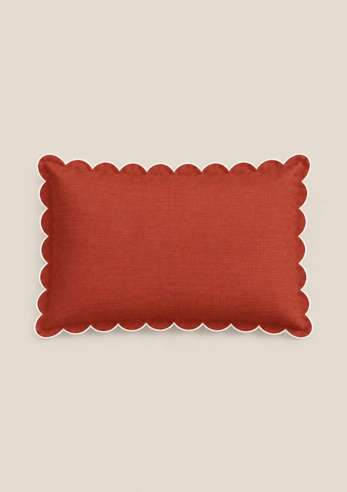 Scalloped Rectangular Linen Cushion in Terracotta & White