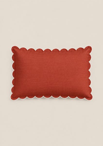 Scalloped Rectangular Linen Cushion in Terracotta & White