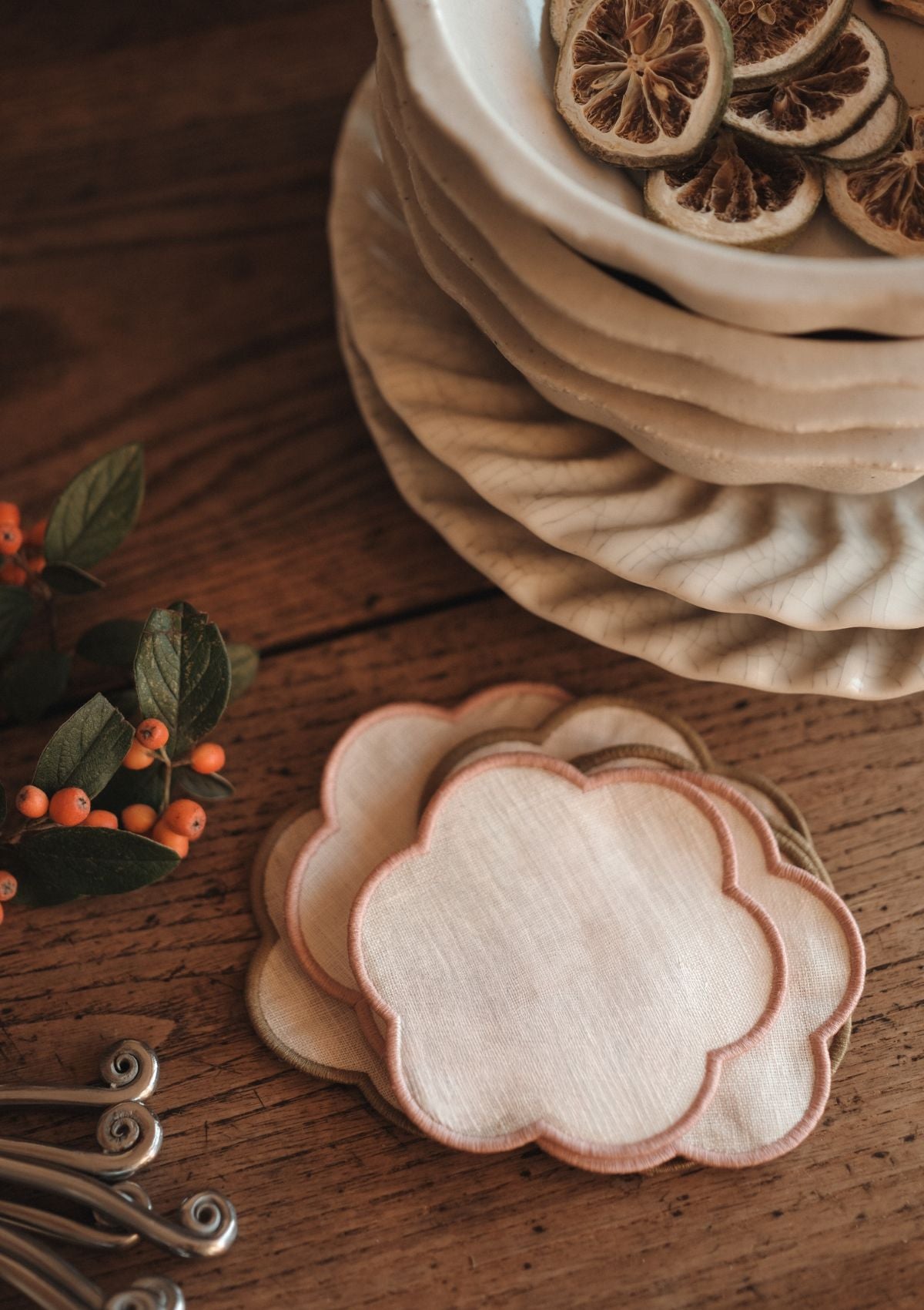 Scalloped Linen Coasters in Ivory & Powder Pink (Set of 4)
