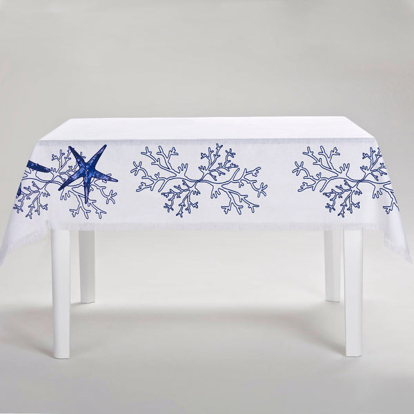 Blue Coral Tablecloth with Fringe - White Linen