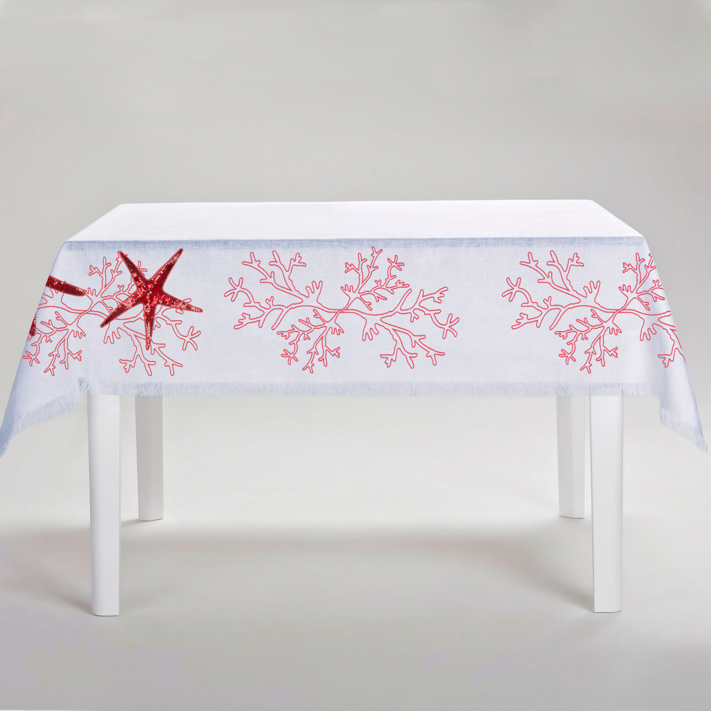 Pink Coral Tablecloth with Fringe - White Linen