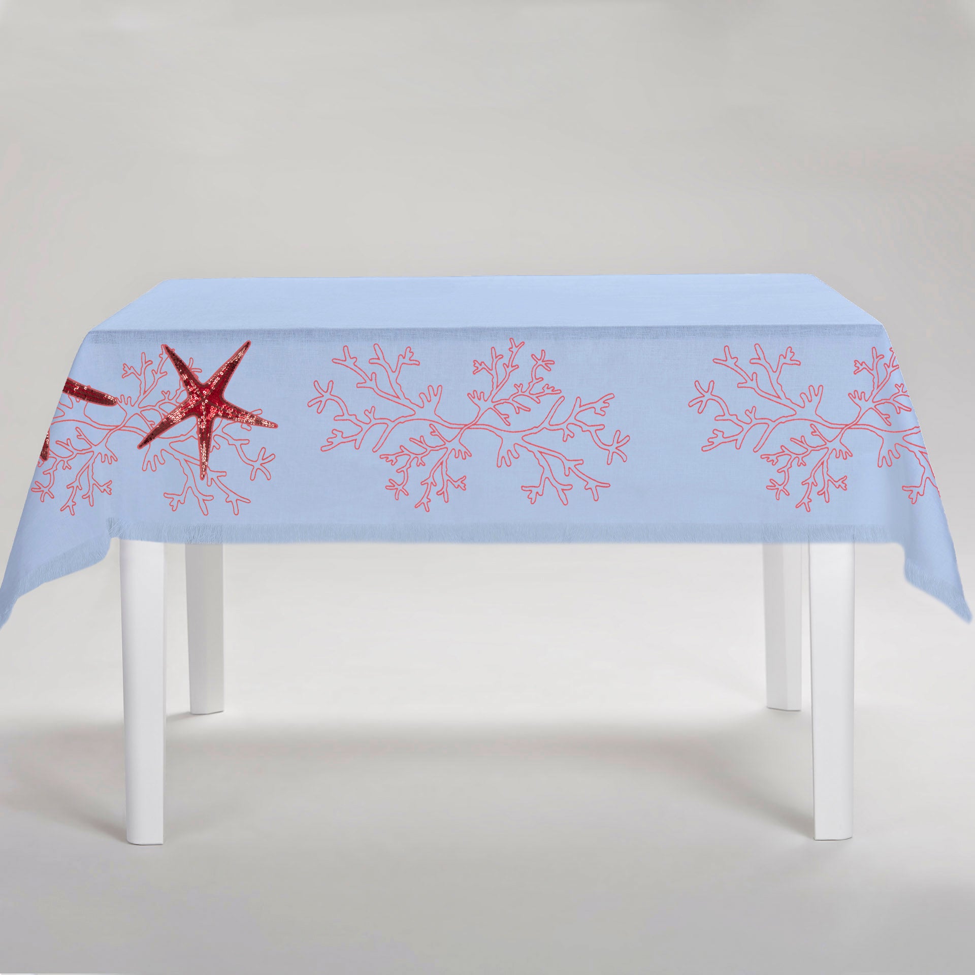 Pink Coral Tablecloth with Fringe - Light Blue Linen