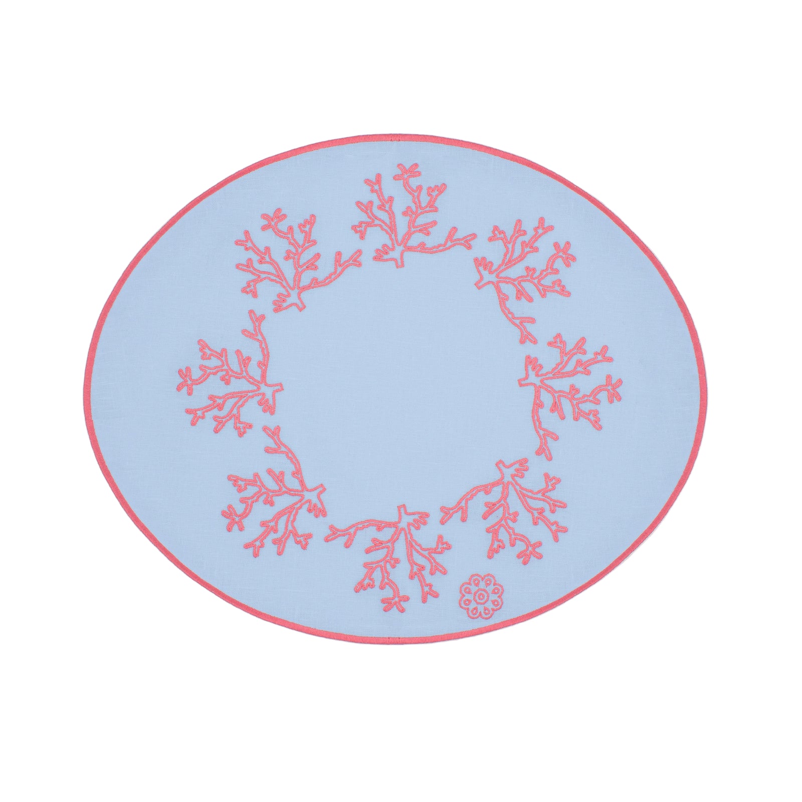 Pink Coral Breakfast Placemat  - Set of 2 - Light Blue Linen