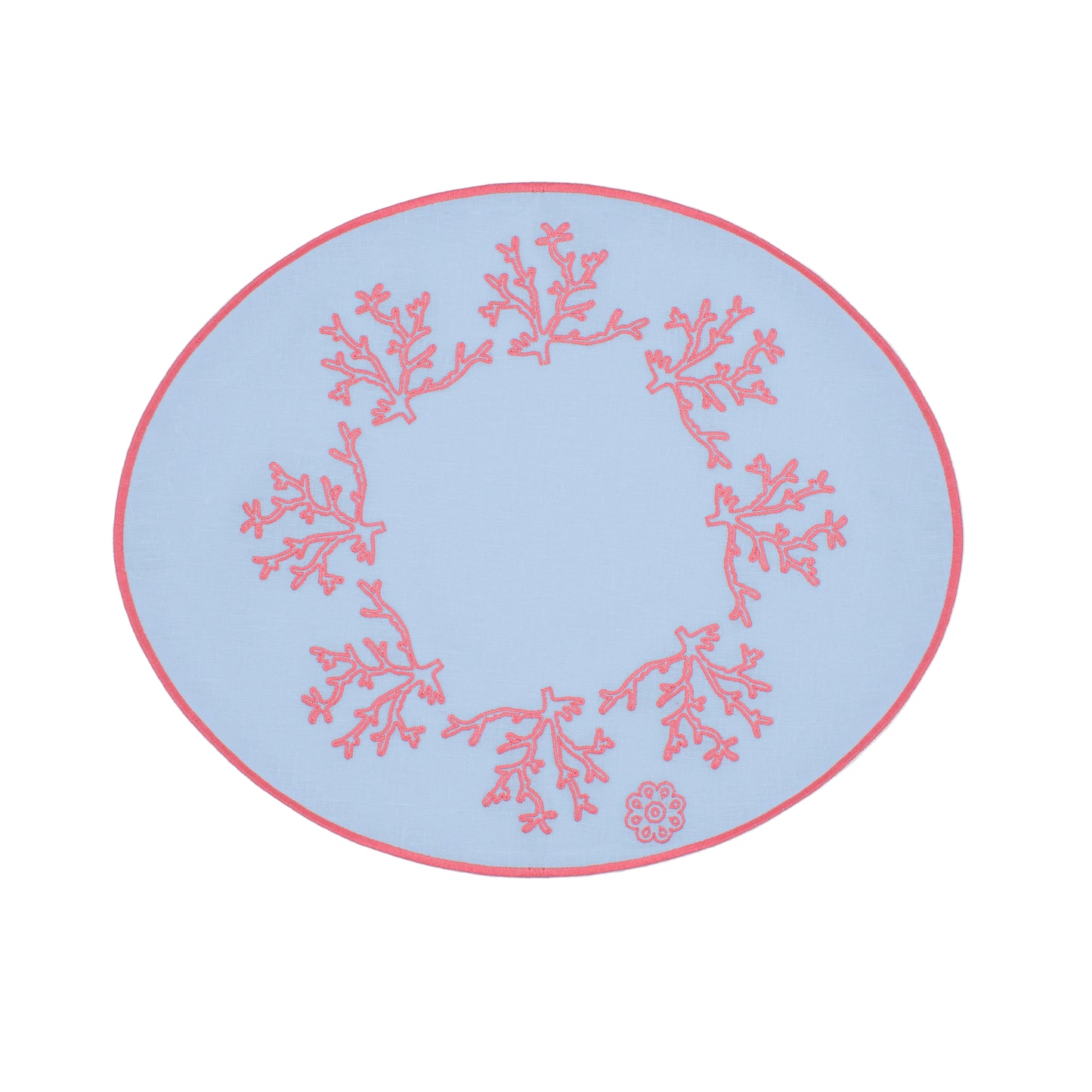 Pink Coral Breakfast Placemat  - Set of 2 - Light Blue Linen