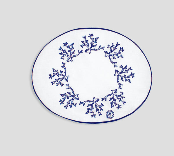 Blue Coral Breakfast Placemat  - Set of 2 - White Linen
