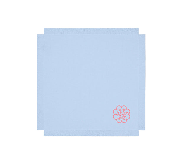 Pink Coral Napkin with Fringe - Set of 2 - Light Blue Linen