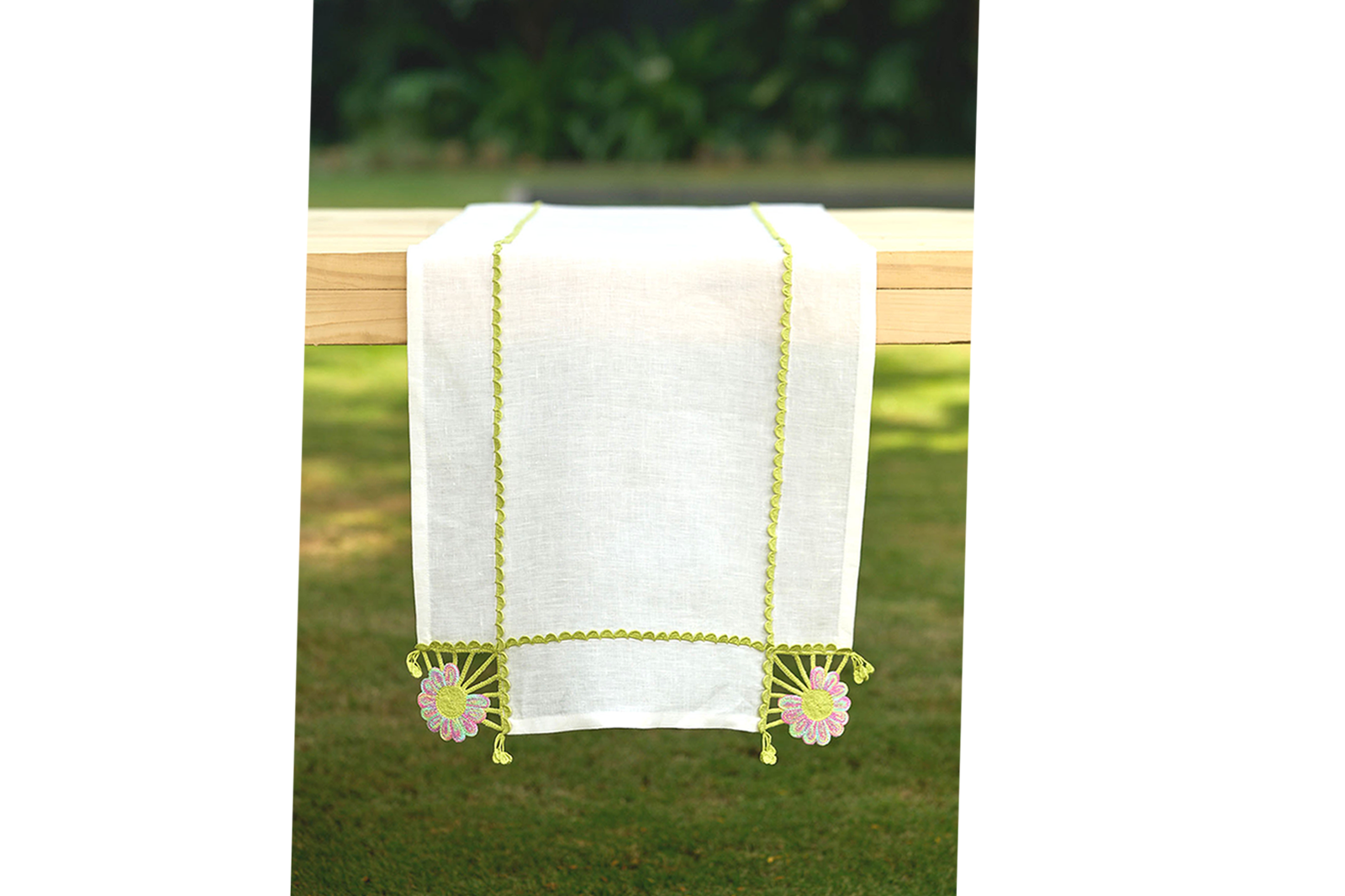 Embroidered & Crochet Linen Runner 16.5×67 in