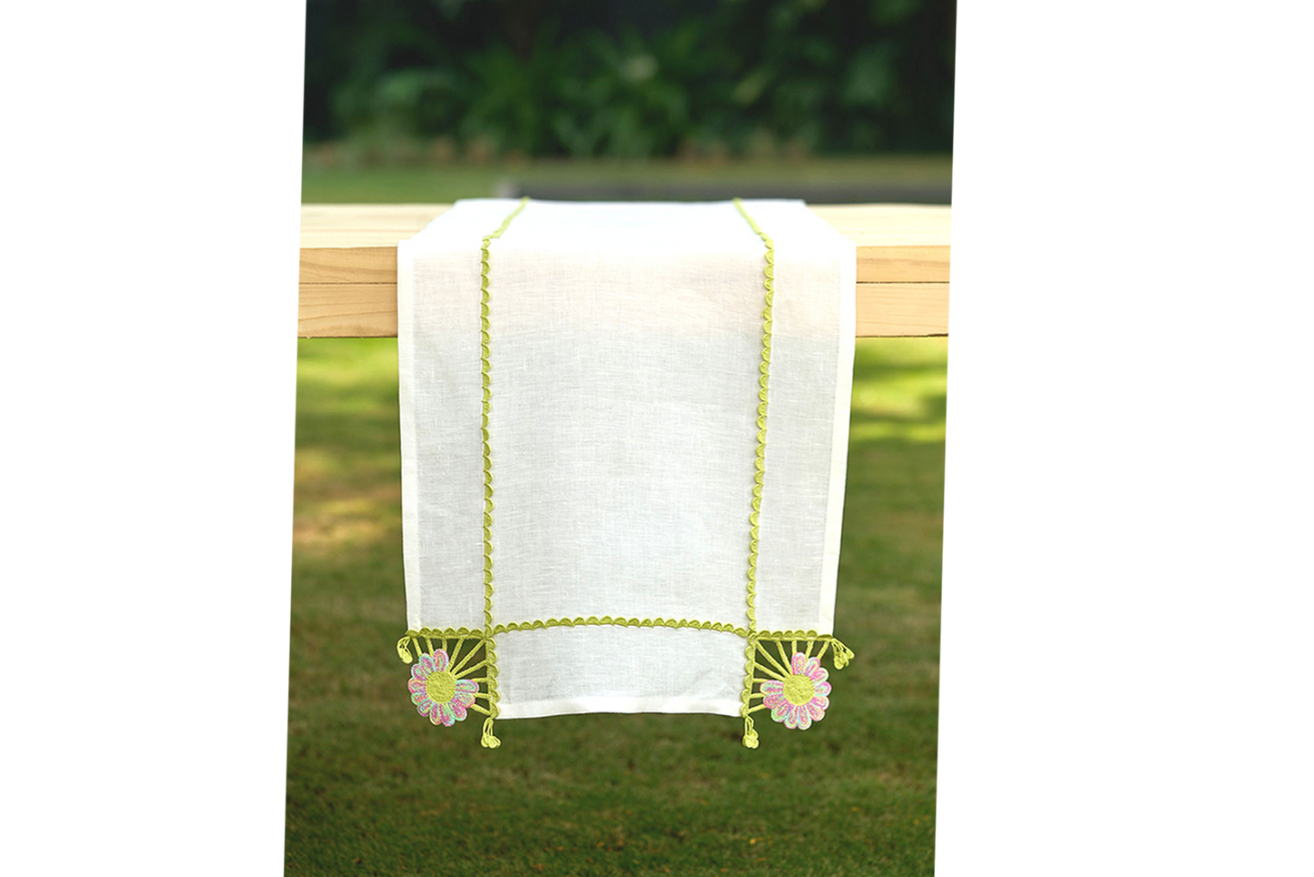 Embroidered & Crochet Linen Runner 16.5×67 in