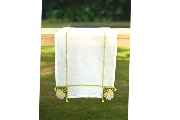 Embroidered & Crochet Linen Runner 16.5×67 in