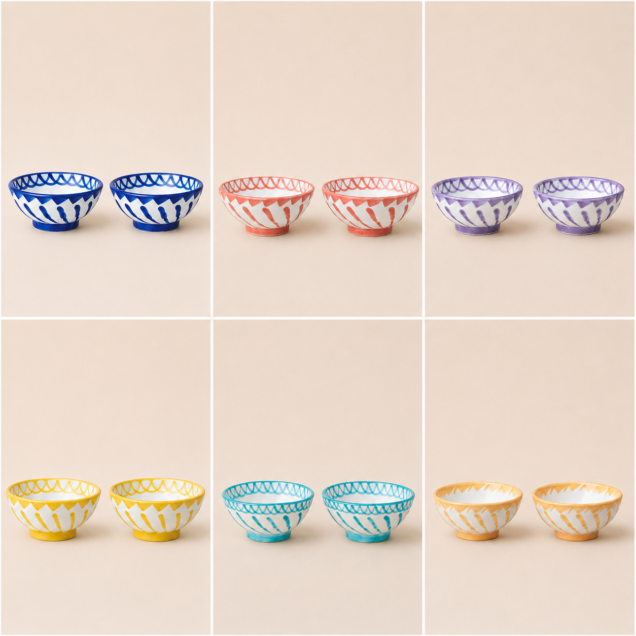 Collage of six images showing ceramic bowls with different color patterns on a beige background - lifestyle
