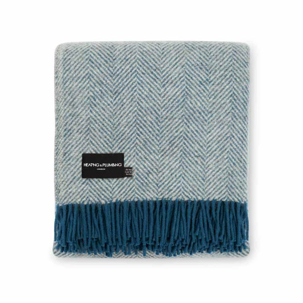 Evening Tales - Pure New Wool Blanket - Traditional Herringbone - Light Grey & Blue