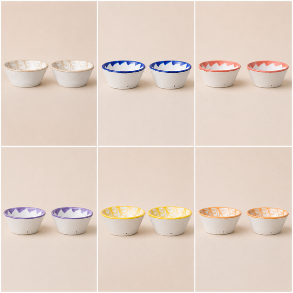 Collage of ceramic bowls with colorful rims on a beige background - lifestyle