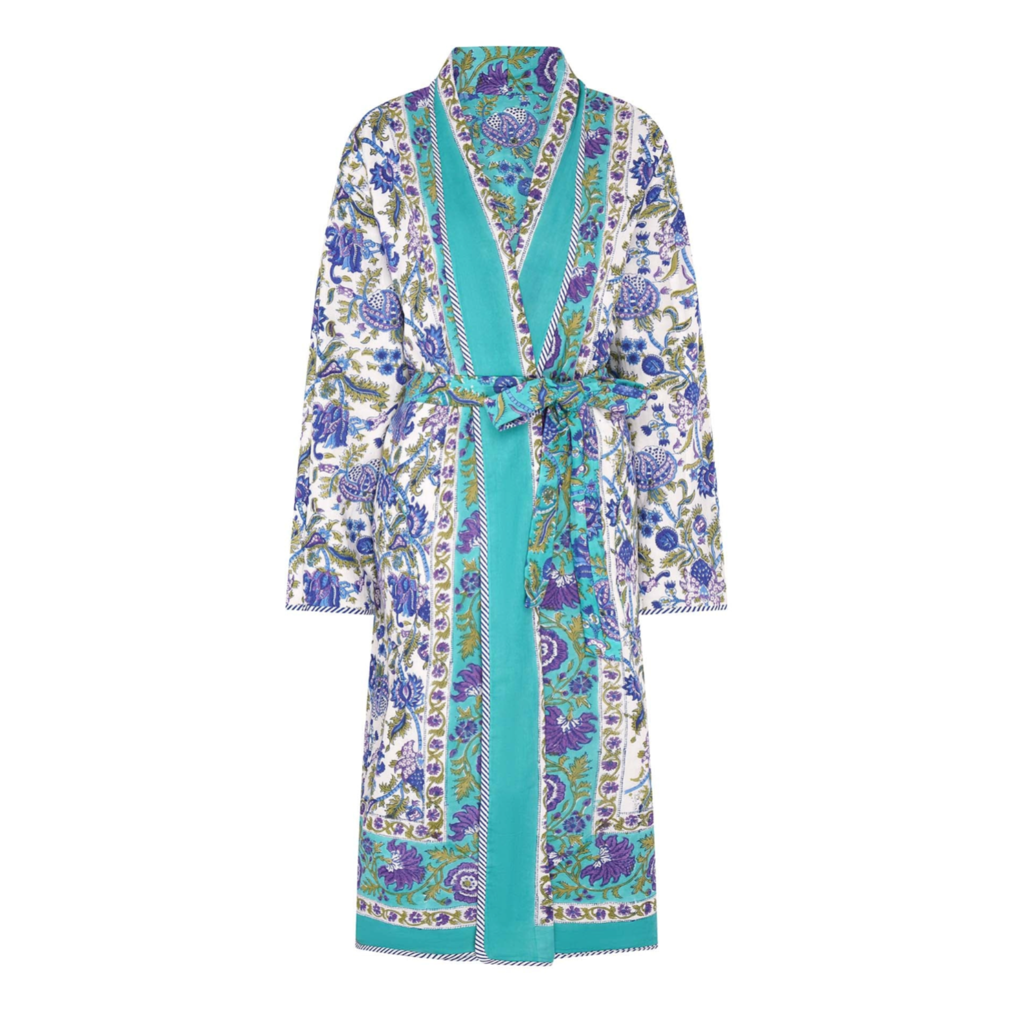 Floral patterned robe with turquoise accents on a white background