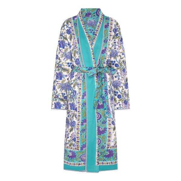 Floral patterned robe with turquoise accents on a white background