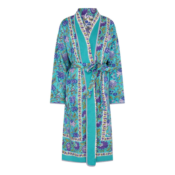 Teal patterned robe on a white background