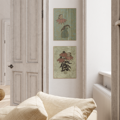 two prints on a white wall with flowers and women fused together by the neck