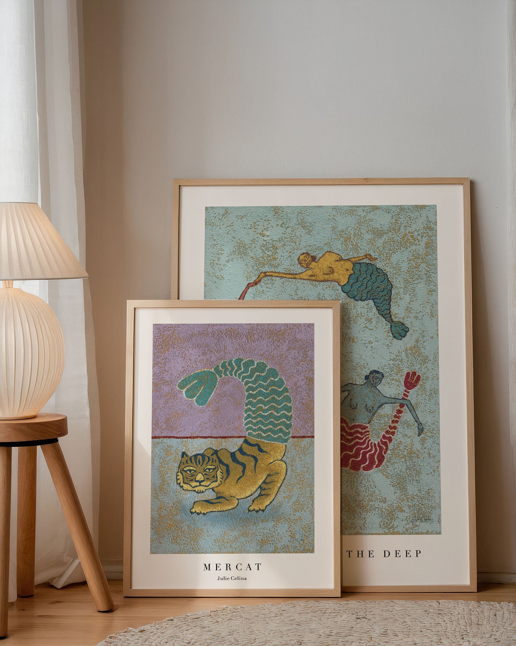 Colorful coastal decor mermaid illustrations in folk art style