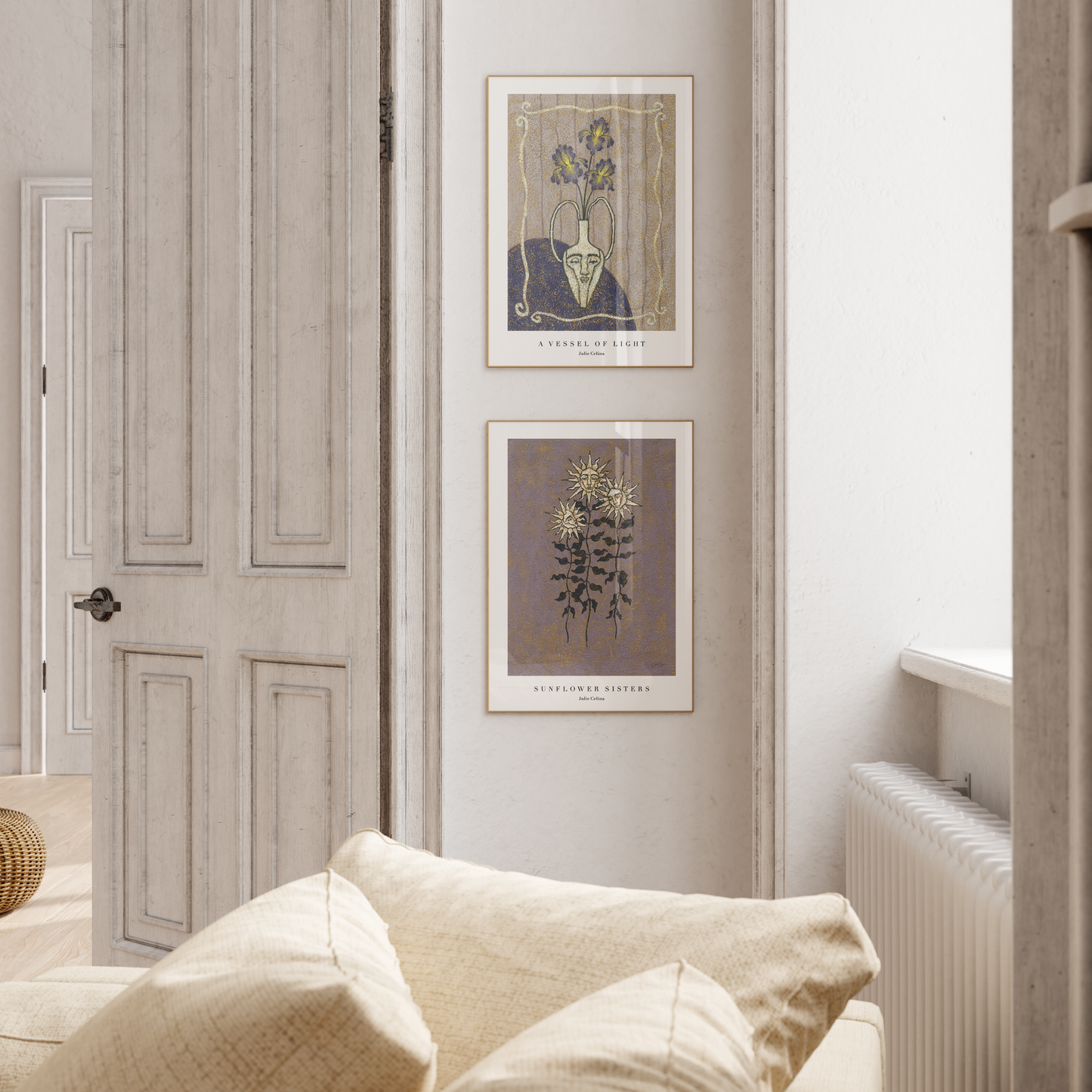 a white room with two purple flower prints on the wall
