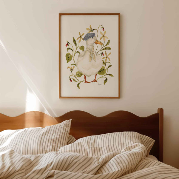 painted white duck with lilac beret and neck scarf surrounded by wildflowers on white background. Ideal for nursery rooms or cottage homes