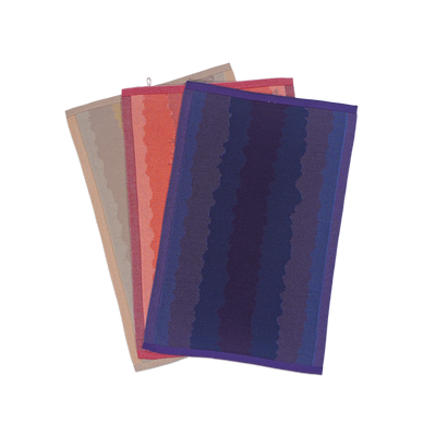 front view of purple, red and yellow knit organic cotton kitchen towel set with wavy pattern