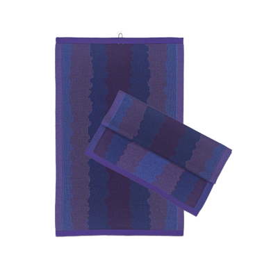 front view of purple knit organic cotton kitchen towel set with wavy pattern