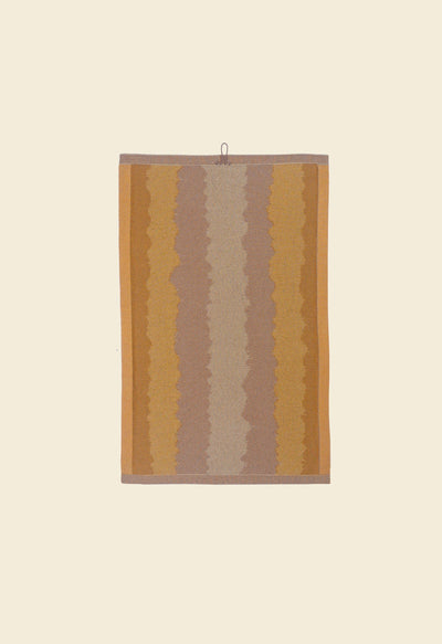 back side of yellow knit organic cotton kitchen towel with wavy pattern
