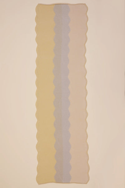 top view of wavy knit organic cotton table runner in yellow