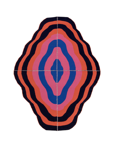 dark wavy knit wool blanket with hand-stitched seam in blue, pink, red and navy 