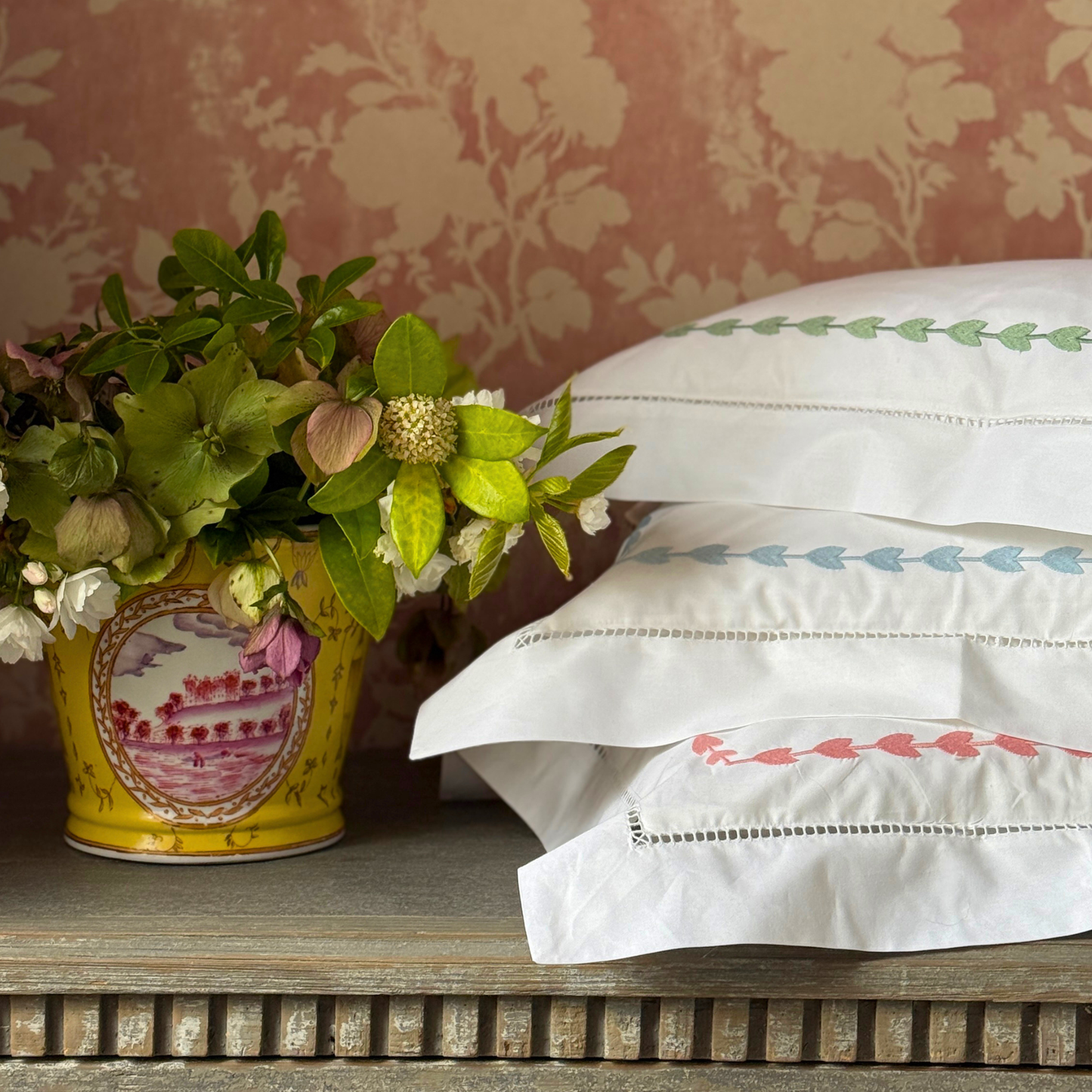 Green Leaf Embroidered Pillowcase, Square