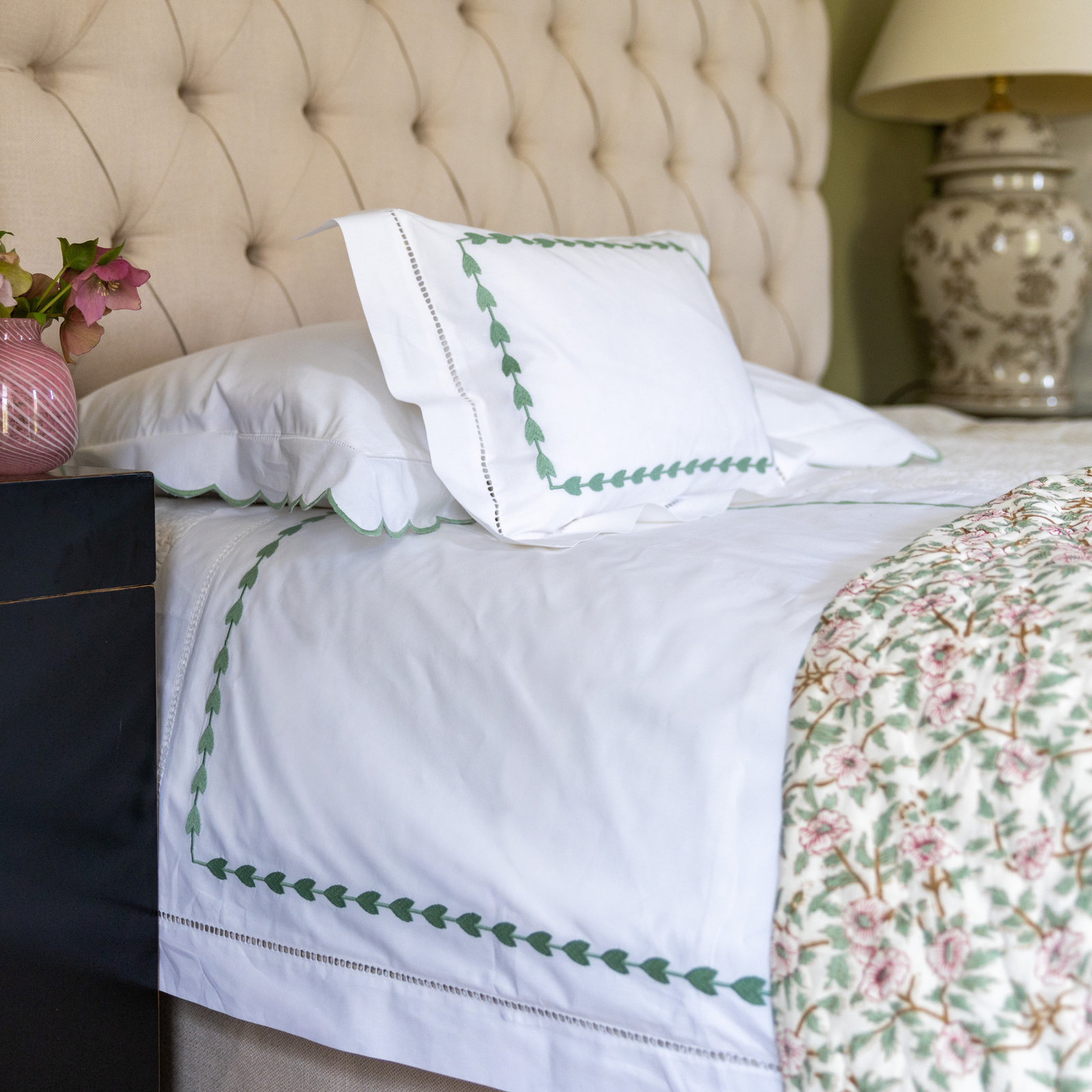 Green Leaf Embroidered Pillowcase, Square