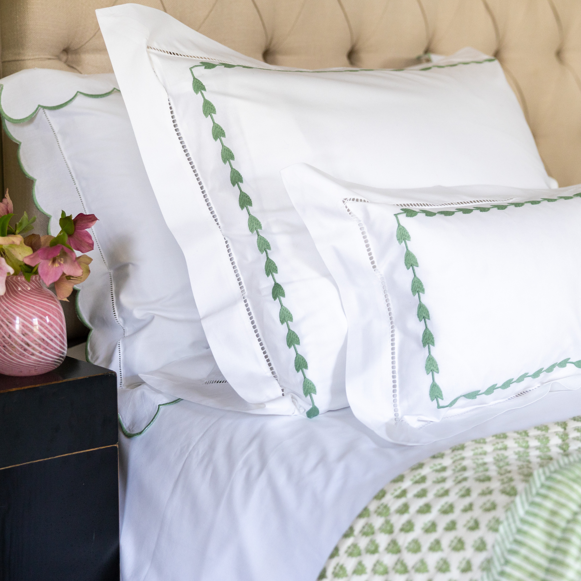 Green Leaf Embroidered Pillowcase, Super King