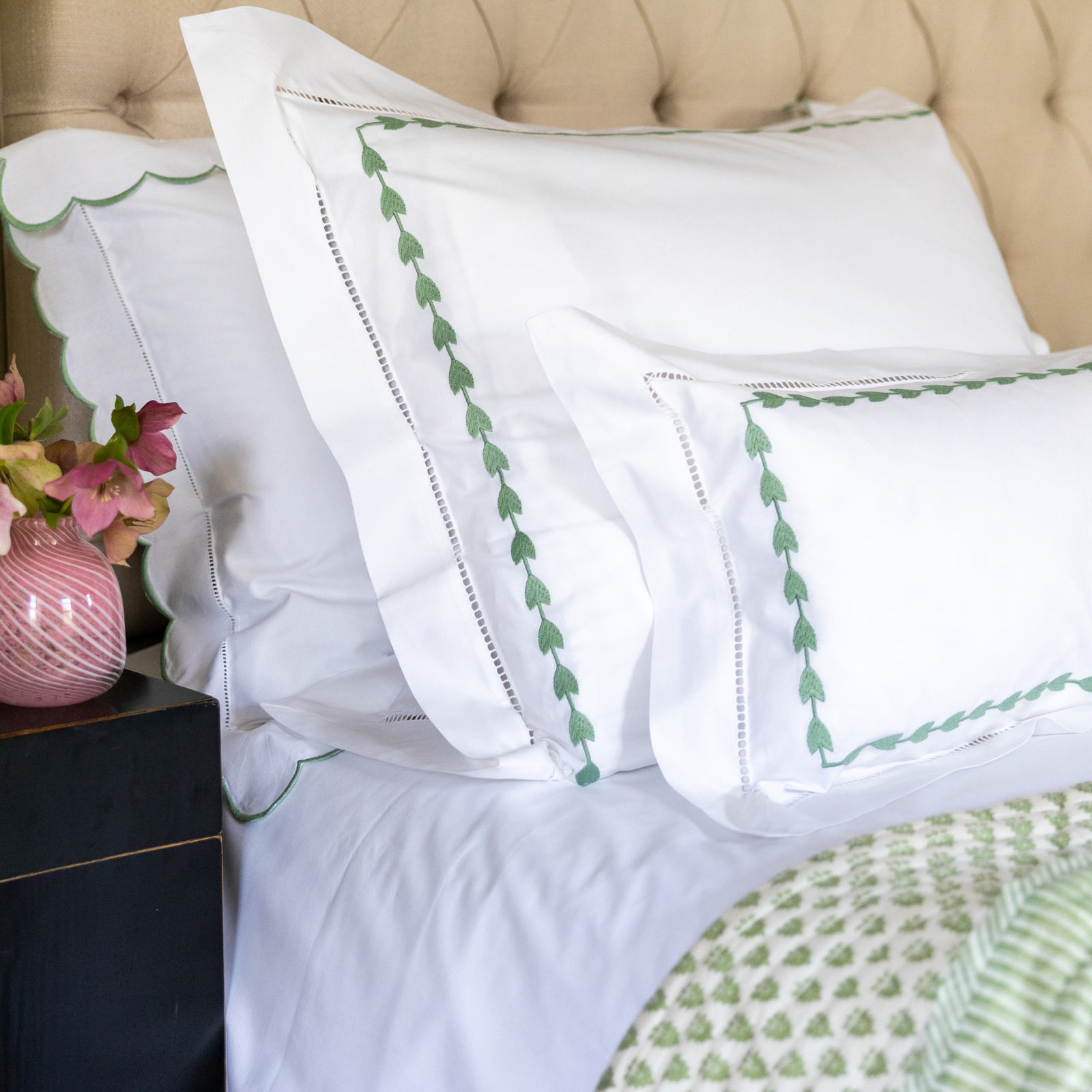 Green Leaf Embroidered Pillowcase, Square