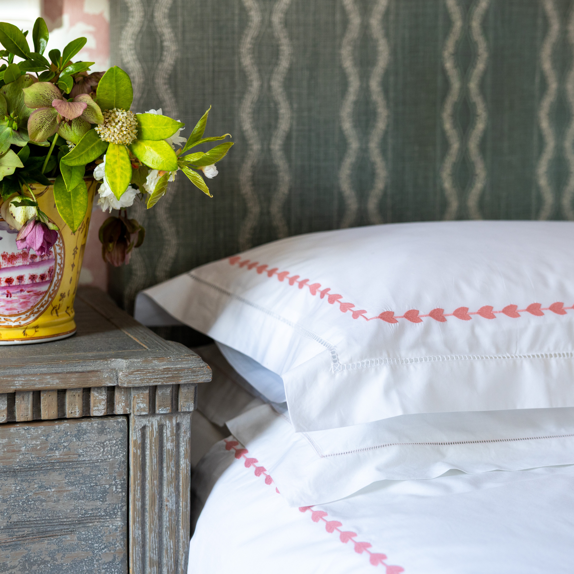 Pink Leaf Embroidered Pillowcase, Super King