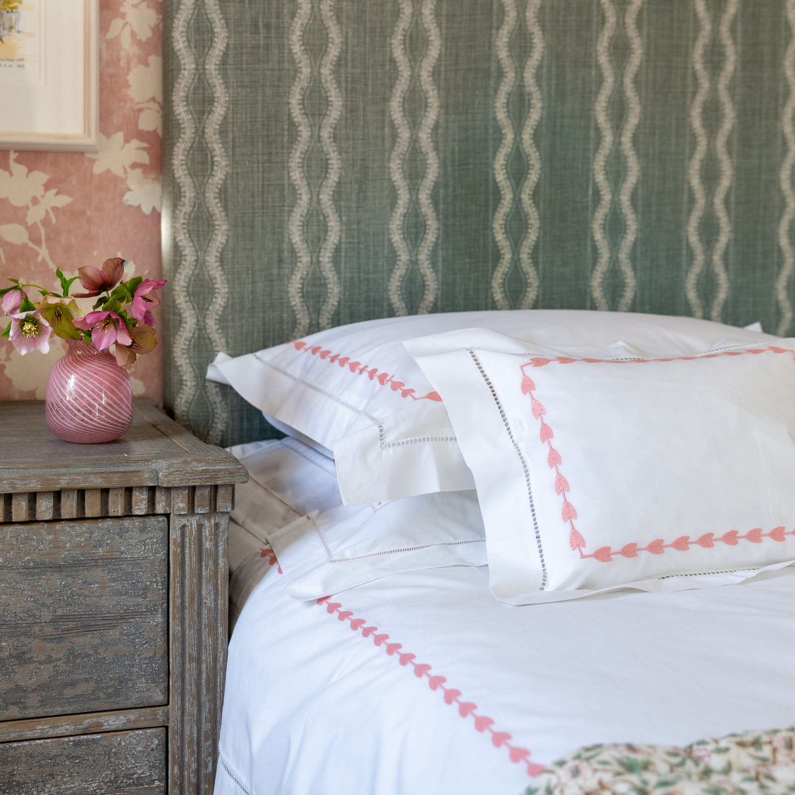 Pink Leaf Embroidered Pillowcase, Square