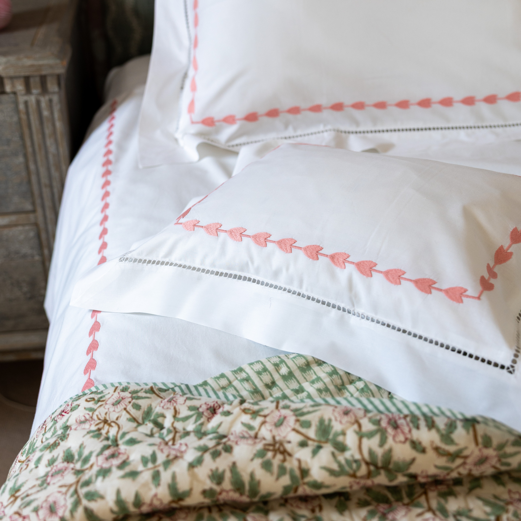Pink Leaf Embroidered Pillowcase, Super King