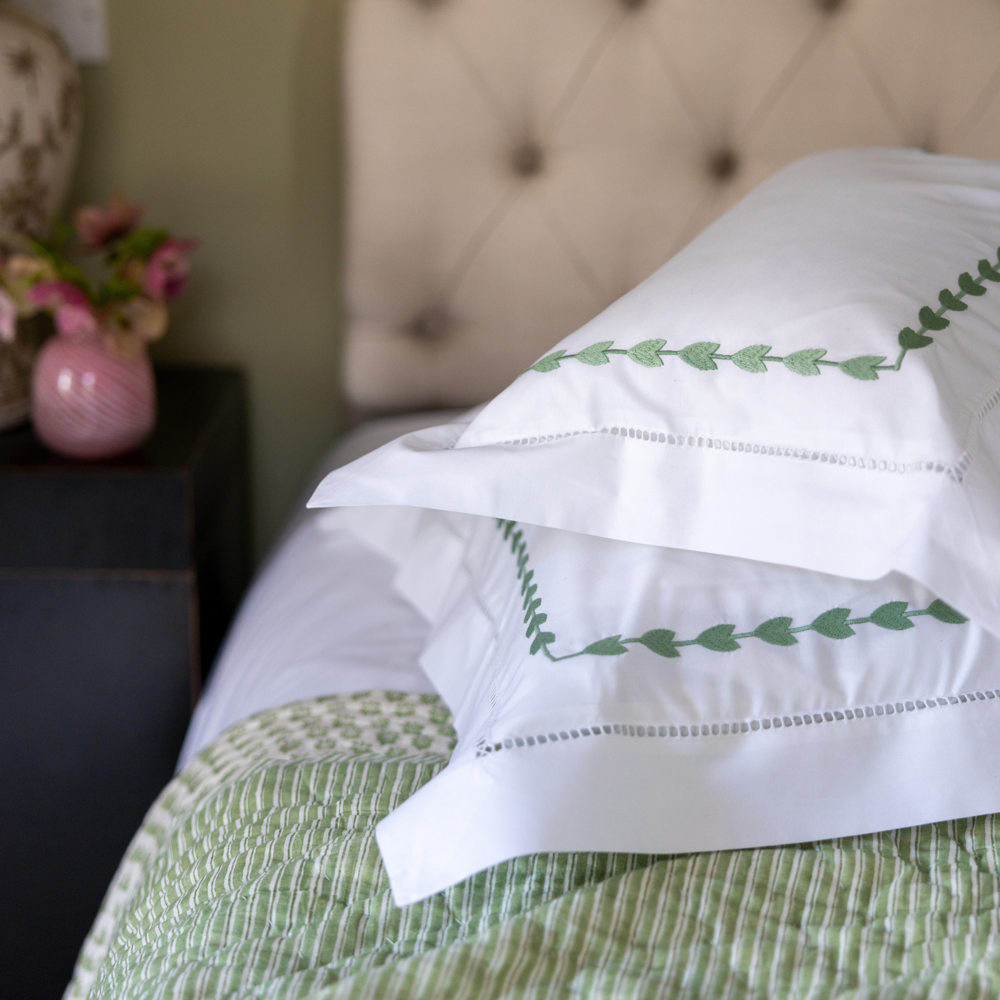 Green Leaf Embroidered Pillowcase, Square