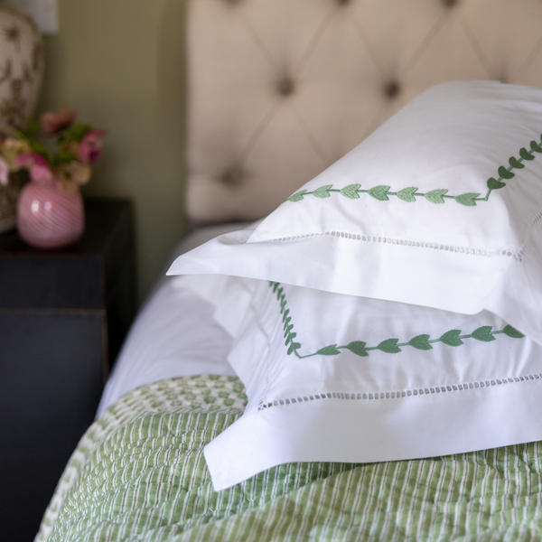 Green Leaf Embroidered Pillowcase, Square